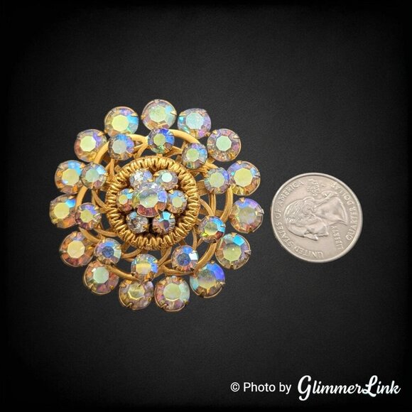 Vintage Floral Round Layered Aurora Borealis Rhinestone Riveted Gold Tone Brooch - Picture 4 of 8